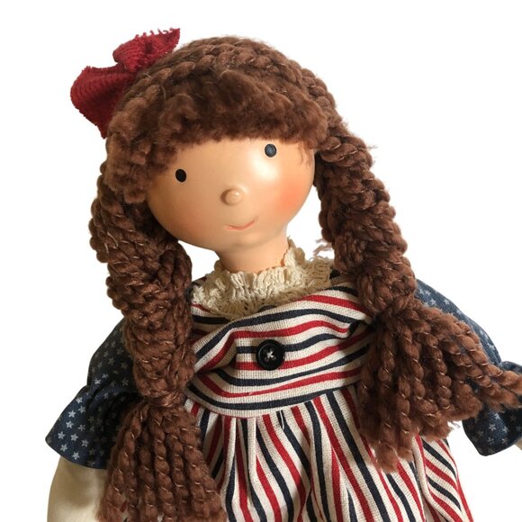 Patriotic Primitive Doll Red White Blue Striped Dress Braids Weighted Bottom - Picture 2 of 6